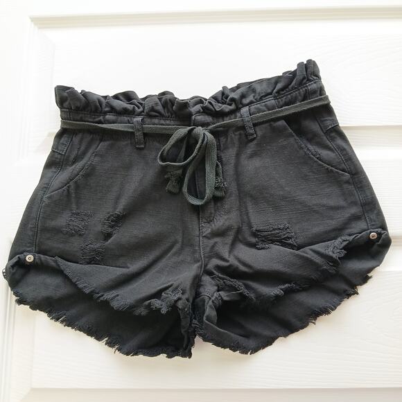 Dance & Marvel Distressed Paperbag Shorts S black shoestring belt mid rise - Picture 3 of 13